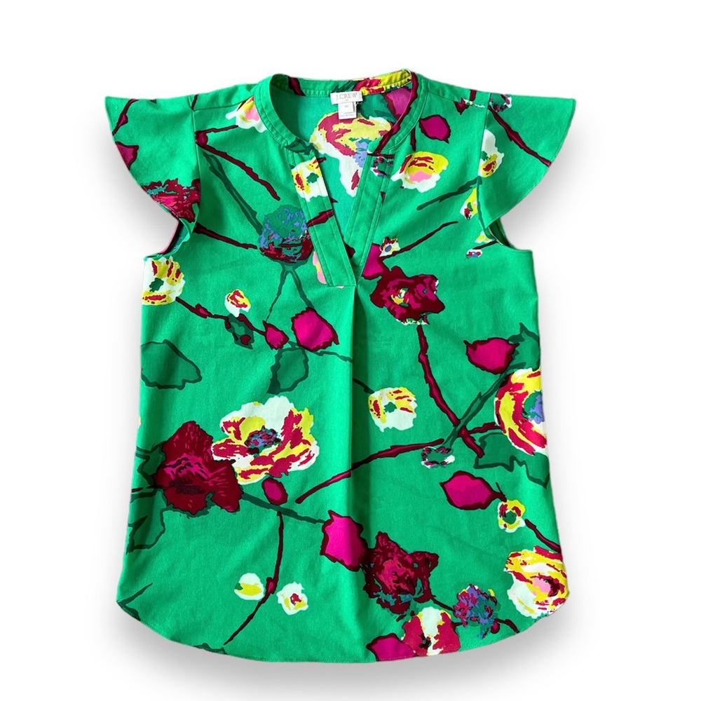 J. Crew Factory Women’s Green Floral V-Neck Floral Sleeve Top Size 00